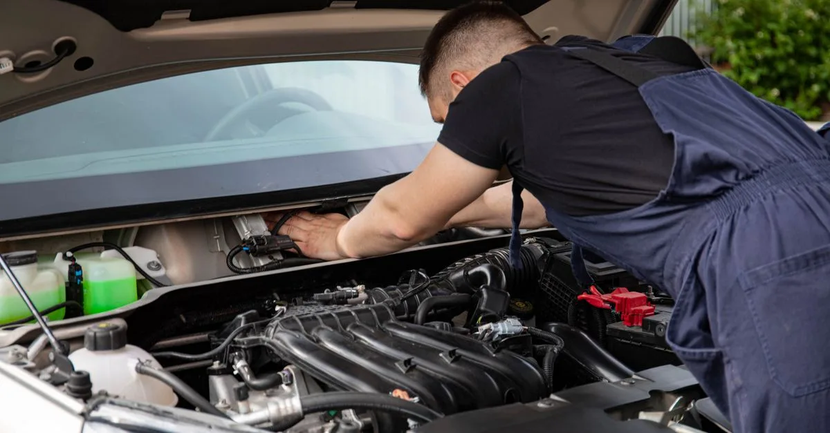 Mechaniker arbeitet im Motorraum eines Pkw